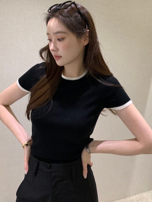 시크한 여름 신상 얇은 컬러 블록 반팔 니트 스웨터 한 - The Korean Lifestyle 리뷰 및 가격
